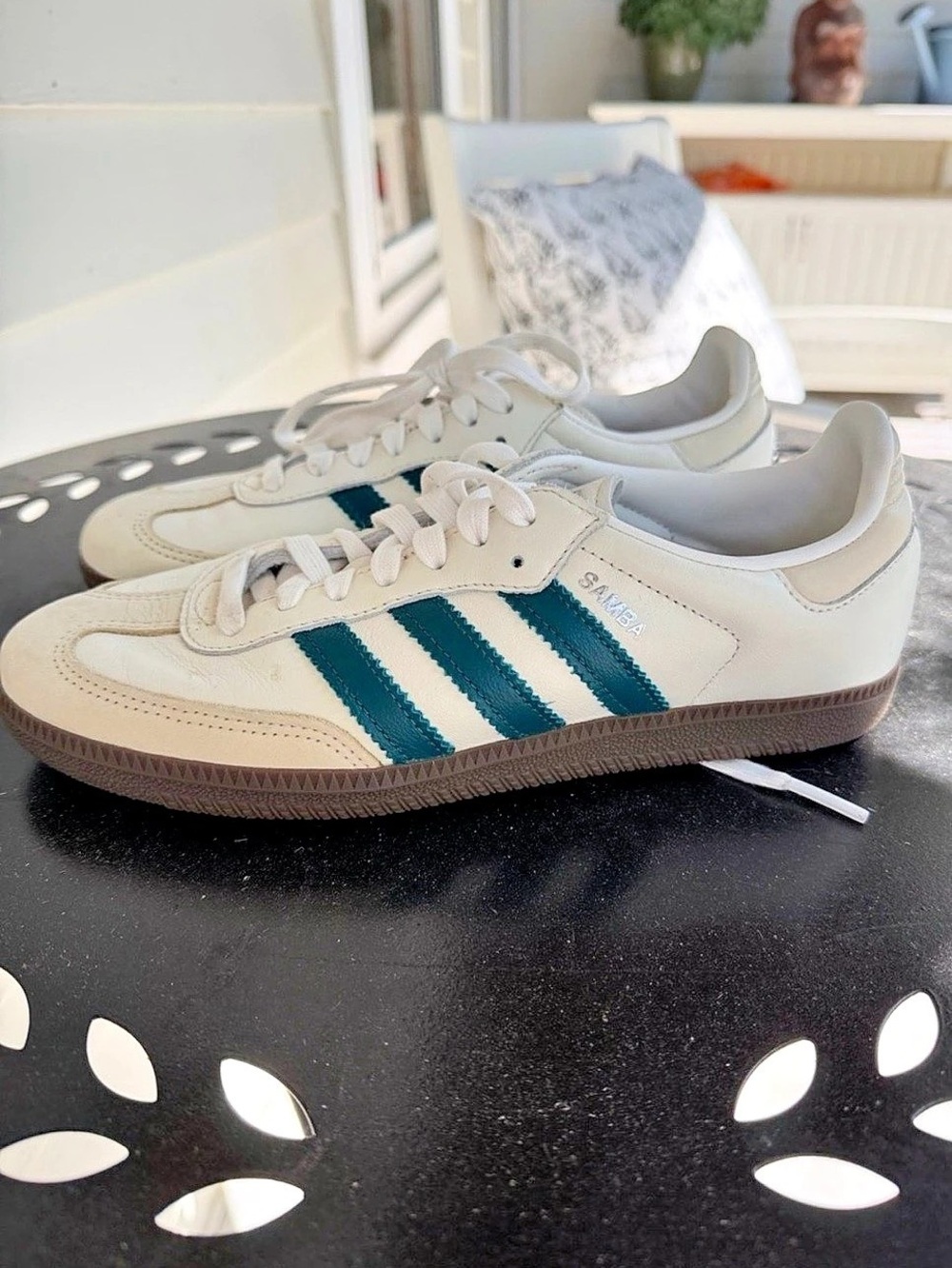 Adidas Samba Leather Sneaker-Off-White with Teal Stripes and Gum Sole